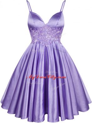 Elegant Sleeveless Elastic Woven Satin Knee Length Lace Up Bridesmaid Gown in Lilac with Lace