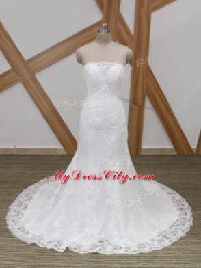 Top Selling White Sleeveless Tulle Brush Train Lace Up Wedding Gown for Wedding Party