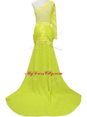Admirable Yellow Side Zipper One Shoulder Lace and Appliques Mother Dresses Chiffon Long Sleeves Brush Train