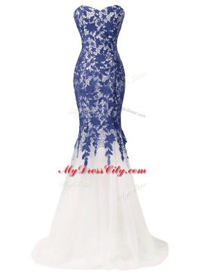 Suitable Blue And White Sleeveless Tulle Brush Train Lace Up Evening Gowns for Prom and Military Ball and Beach