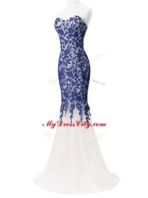 Suitable Blue And White Sleeveless Tulle Brush Train Lace Up Evening Gowns for Prom and Military Ball and Beach