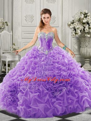 Sleeveless Court Train Beading and Ruffles Lace Up Sweet 16 Dresses