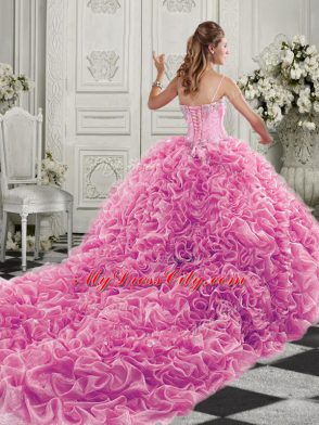 Sleeveless Court Train Beading and Ruffles Lace Up Sweet 16 Dresses