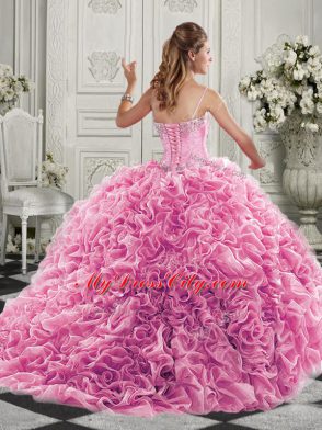 Sleeveless Court Train Beading and Ruffles Lace Up Sweet 16 Dresses