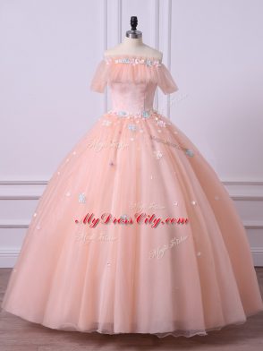 Ideal Floor Length Ball Gowns Short Sleeves Peach Sweet 16 Dress Lace Up