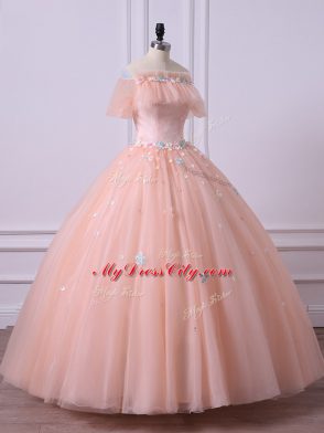 Ideal Floor Length Ball Gowns Short Sleeves Peach Sweet 16 Dress Lace Up