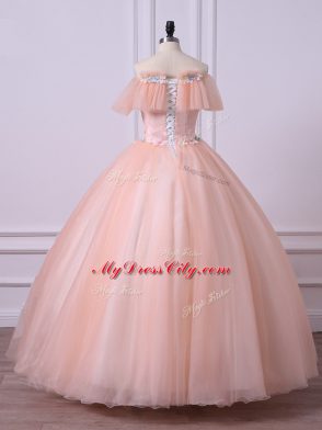 Ideal Floor Length Ball Gowns Short Sleeves Peach Sweet 16 Dress Lace Up
