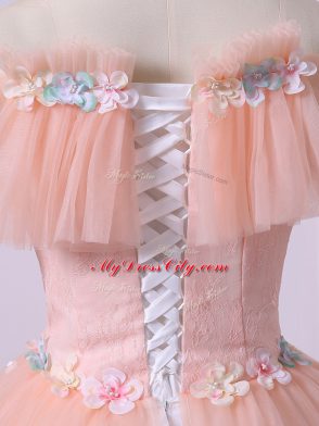 Ideal Floor Length Ball Gowns Short Sleeves Peach Sweet 16 Dress Lace Up