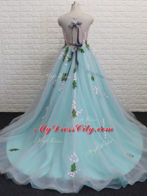 Beautiful Tulle Scoop Sleeveless Brush Train Backless Appliques Prom Evening Gown in Aqua Blue