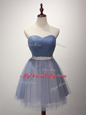 Fine Sleeveless Tulle Mini Length Lace Up Bridesmaids Dress in Blue with Beading and Ruching