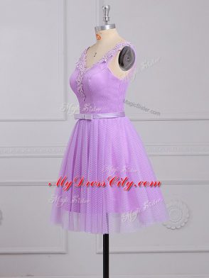 Lace Sleeveless Mini Length Quinceanera Court Dresses and Appliques and Belt