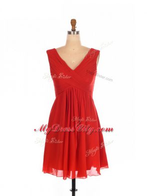 High Class Red Empire One Shoulder Sleeveless Chiffon Mini Length Zipper Ruching Bridesmaid Gown