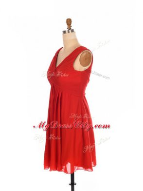 High Class Red Empire One Shoulder Sleeveless Chiffon Mini Length Zipper Ruching Bridesmaid Gown
