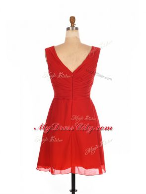 High Class Red Empire One Shoulder Sleeveless Chiffon Mini Length Zipper Ruching Bridesmaid Gown