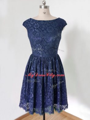Royal Blue Lace Lace Up Bridesmaid Dress Cap Sleeves Knee Length Lace