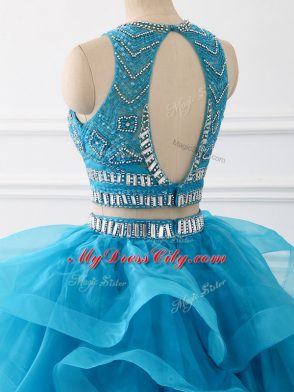New Arrival Scoop Sleeveless Tulle Sweet 16 Dresses Beading and Ruffles Brush Train Backless