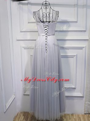 Grey Tulle Lace Up Scoop Sleeveless Floor Length Prom Gown Beading and Sequins