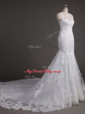Colorful White Sleeveless Brush Train Lace Wedding Dress