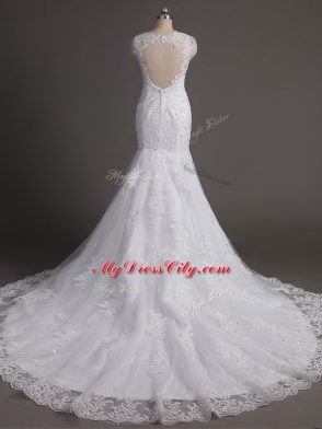 Colorful White Sleeveless Brush Train Lace Wedding Dress