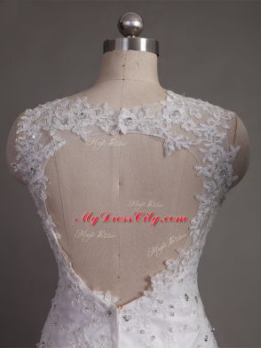 Colorful White Sleeveless Brush Train Lace Wedding Dress
