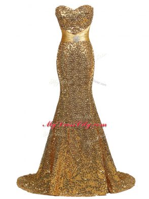 Affordable Gold Mermaid Sequined Sweetheart Sleeveless Sequins Lace Up Evening Dress Brush Train