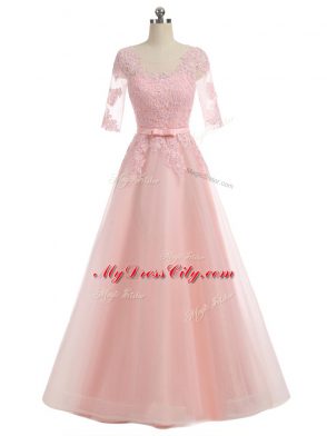 Floor Length Zipper Prom Evening Gown Pink for Prom and Party and Military Ball with Lace and Appliques