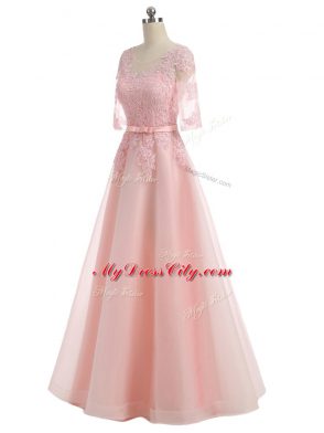 Floor Length Zipper Prom Evening Gown Pink for Prom and Party and Military Ball with Lace and Appliques