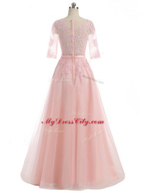 Floor Length Zipper Prom Evening Gown Pink for Prom and Party and Military Ball with Lace and Appliques