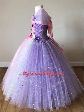 Cap Sleeves Tulle Floor Length Side Zipper Girls Pageant Dresses in Multi-color with Sequins and Bowknot