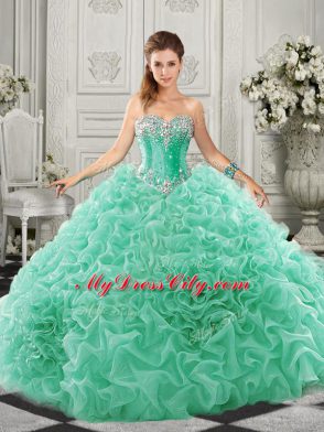 Apple Green Sweetheart Lace Up Beading and Ruffles Sweet 16 Quinceanera Dress Court Train Sleeveless