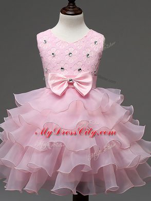 Baby Pink Flower Girl Dresses Wedding Party with Lace and Ruffled Layers and Bowknot Scoop Sleeveless Zipper
