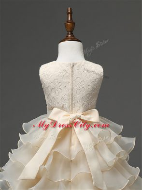 Baby Pink Flower Girl Dresses Wedding Party with Lace and Ruffled Layers and Bowknot Scoop Sleeveless Zipper