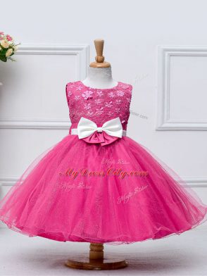 Noble Hot Pink Tulle Zipper Scoop Sleeveless Knee Length Toddler Flower Girl Dress Lace and Bowknot