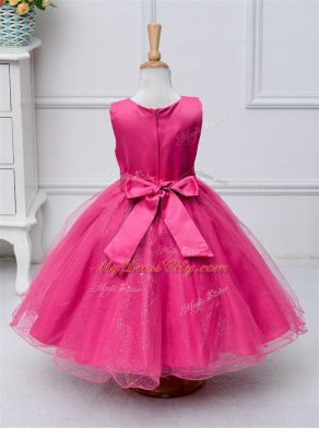 Noble Hot Pink Tulle Zipper Scoop Sleeveless Knee Length Toddler Flower Girl Dress Lace and Bowknot
