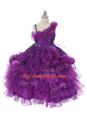 Purple Casual Dresses Wedding Party with Lace and Ruffles and Ruffled Layers Asymmetric Sleeveless Lace Up