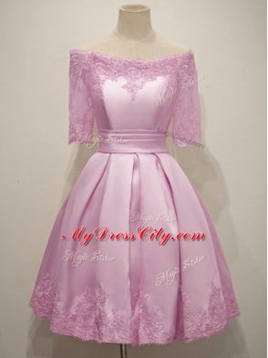 Delicate Off The Shoulder Half Sleeves Lace Up Bridesmaid Dress Lilac Taffeta