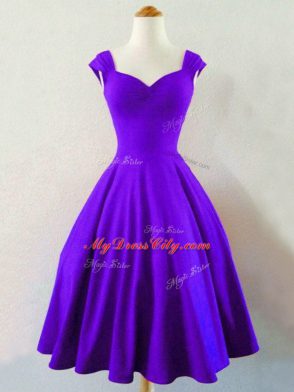 Sweet Purple Taffeta Lace Up Straps Sleeveless Knee Length Bridesmaid Dress Ruching