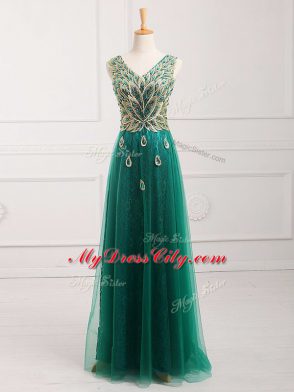 Designer Dark Green Prom Gown Prom and Party and Military Ball with Lace V-neck Sleeveless Zipper