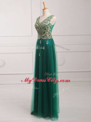 Designer Dark Green Prom Gown Prom and Party and Military Ball with Lace V-neck Sleeveless Zipper