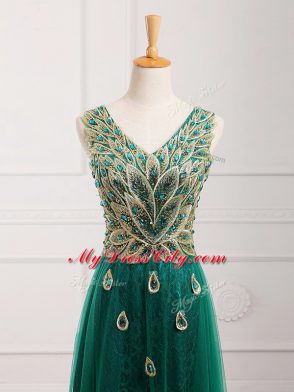 Designer Dark Green Prom Gown Prom and Party and Military Ball with Lace V-neck Sleeveless Zipper
