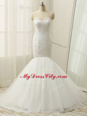 Fancy White Sweetheart Zipper Lace Wedding Gowns Brush Train Sleeveless