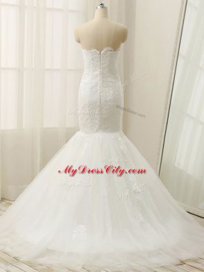 Fancy White Sweetheart Zipper Lace Wedding Gowns Brush Train Sleeveless