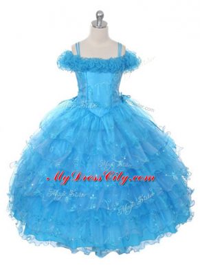 Sleeveless Organza Floor Length Lace Up Custom Made in Baby Blue with Ruffles and Ruffled Layers