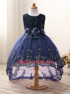 Lace and Appliques and Bowknot and Hand Made Flower Teens Party Dress Navy Blue Zipper Sleeveless High Low