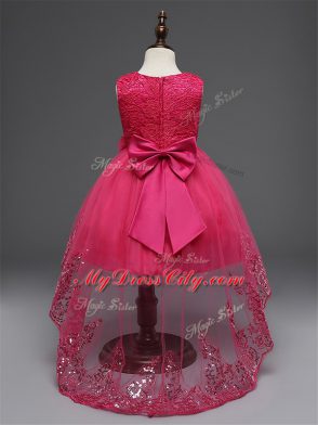 Lace and Appliques and Bowknot and Hand Made Flower Teens Party Dress Navy Blue Zipper Sleeveless High Low