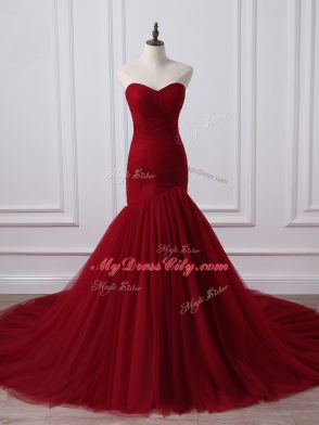 Trendy Wine Red Juniors Evening Dress Tulle Court Train Sleeveless Ruching