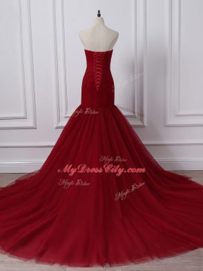 Trendy Wine Red Juniors Evening Dress Tulle Court Train Sleeveless Ruching