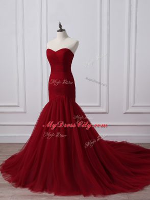 Trendy Wine Red Juniors Evening Dress Tulle Court Train Sleeveless Ruching