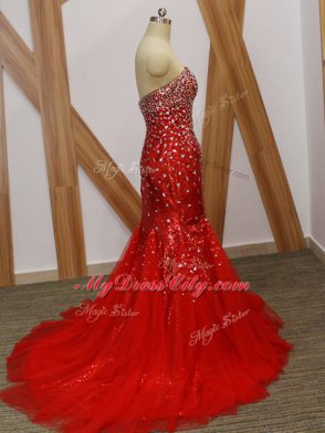 Latest Red Tulle Zipper Prom Evening Gown Sleeveless Floor Length Beading