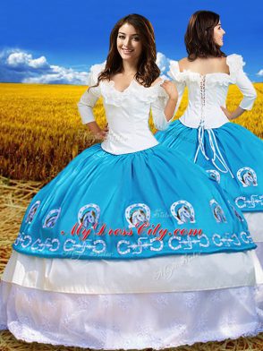 3 4 Length Sleeve Taffeta Floor Length Lace Up Ball Gown Prom Dress in Blue And White with Embroidery